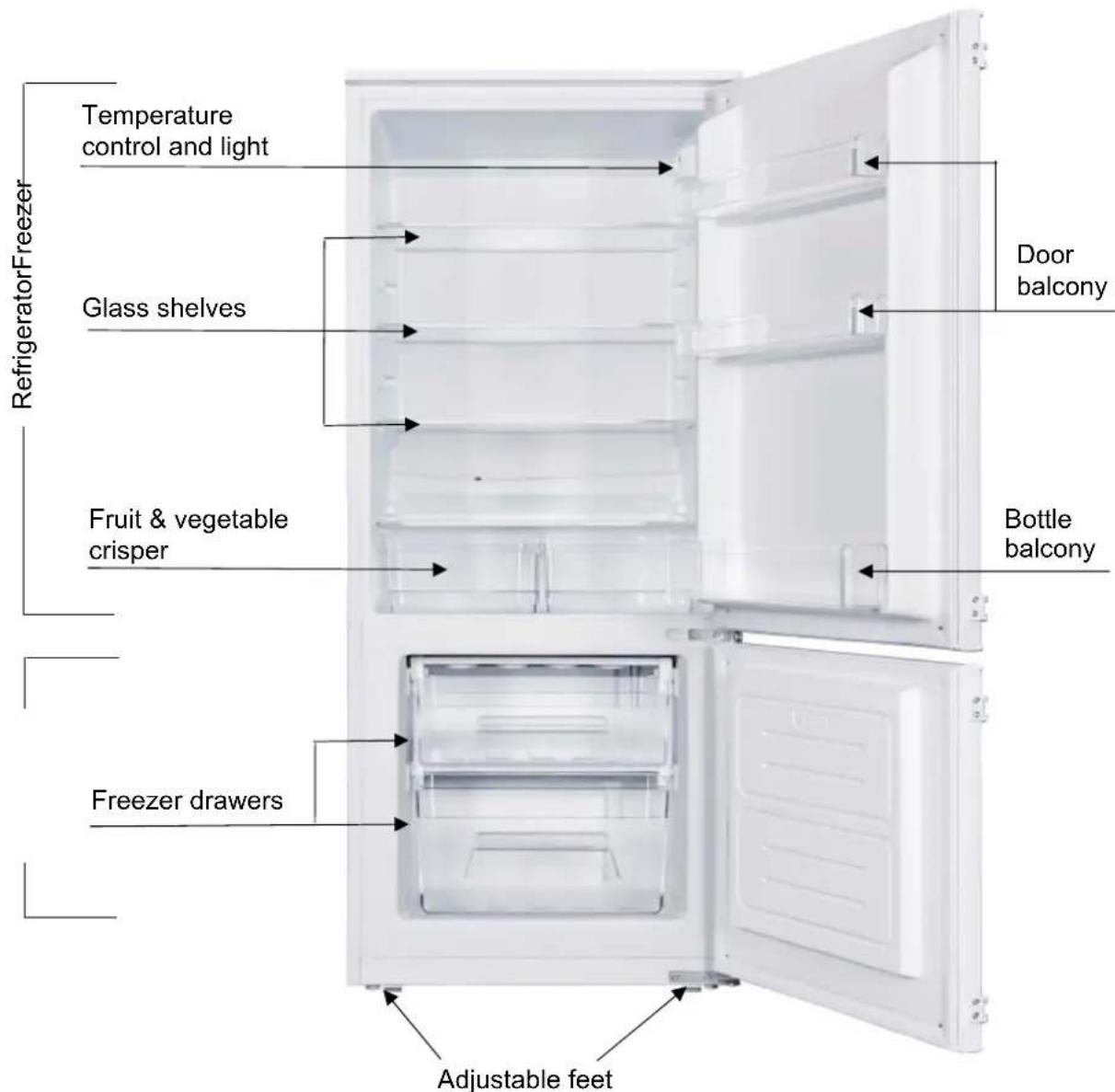 Refrigerator Freezer Temperature control and light Glass shelves Door balcony Bottle balcony Fruit & vegetable crisper Freezer drawers Adjustable feet
