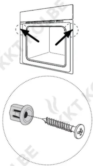 Technical diagram showing a door opening with arrows indicating direction and a close-up of a screw being inserted into a housing.