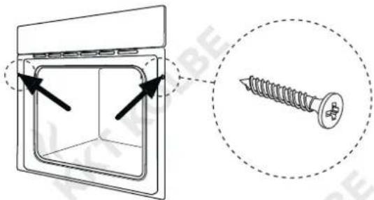 Technical diagram showing a component with arrows pointing to a square opening, alongside a magnified view of a screw with a circular detail.