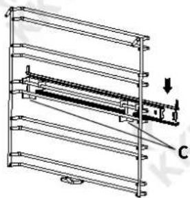 Technical diagram of a mechanical assembly with labeled components and directional arrow