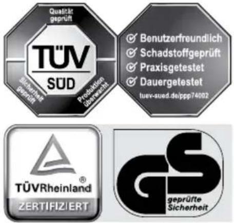 Qualität geprüft TÜV SÜD Schadstoffgeprüft Produkten überwechseln Benutzerfreundlich Schadstoffgeprüft Praxisgetestet Dauergetestet tuev-sued.de/ppp74902 TÜVRheinland® ZERTIFIZIERT GS geprüfte Sicherheit