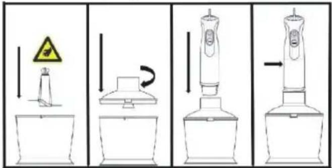 Diagram illustrating four stages of a laboratory apparatus with warning symbols and directional arrows indicating process flow.
