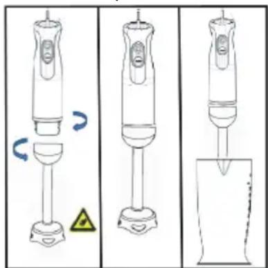 Diagram showing three stages of a device with directional arrows and warning symbols, likely illustrating a process or safety scenario.