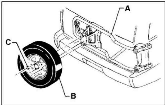 Technical diagram of a vehicle suspension system with labeled components A, B, and C