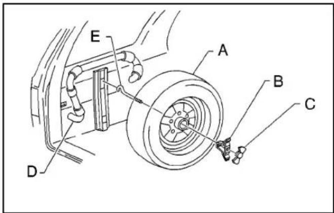 Technical diagram of a car brake system with labeled components A, B, C, D, and E