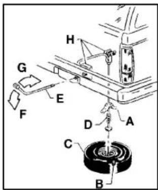 Technical diagram of a mechanical assembly with labeled parts A through H, showing directional arrows and components.