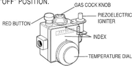 OFF POSITION. RED BUTTON GAS COCK KNOB PIEZOELECTRIC IGNITER INDEX TEMPERATURE DIAL