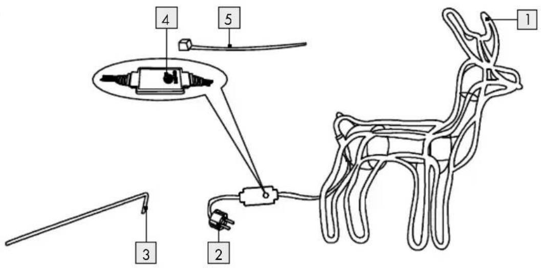 Diagram of a deer-shaped animal with labeled parts including legs, body, and wires