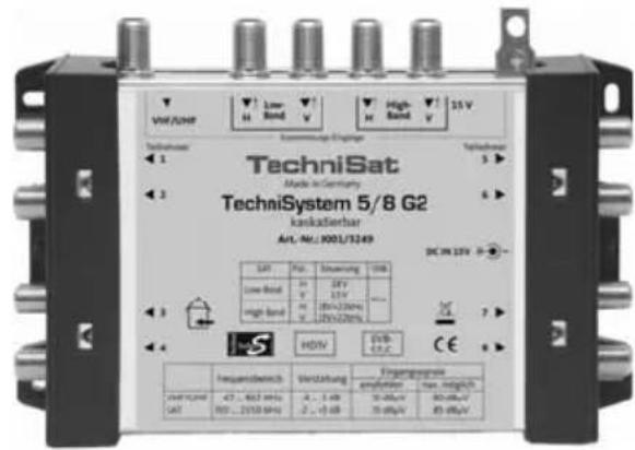 TechniSat Made in Germany TechniSystem 5/8 G2 kaskaSierhar AHL-MLJ3001/3249 SAT Pop. Streaming USB Low Band H V 2.0V 1.5V High Band H V 2.0V(120V) 2.0V(120V) DC IN 125V 7 S HDV EVB 42°C CE Frequency switch Verkaufung Firingspanlage amplifier max. miniglch 64V 125V 47... 462 MHz 4... 1.6 dB 35 dB/V 80 dB/V 80... 2150 MHz 2... +0 dB 35 dB/V 80 dB/V