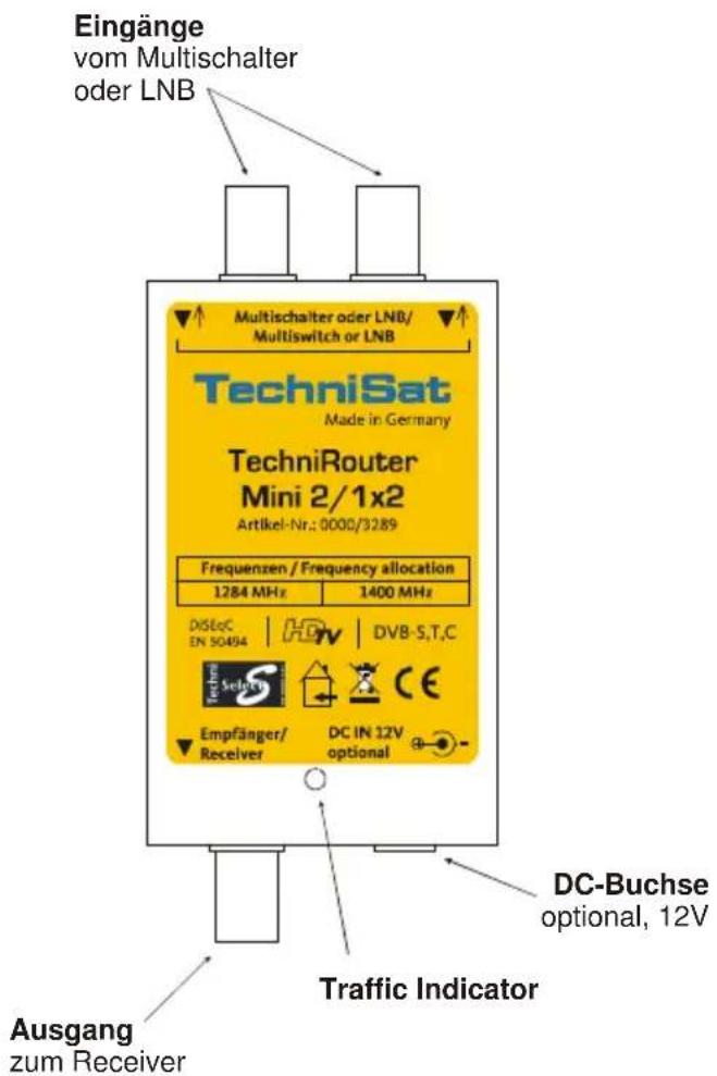 Eingänge vom Multischalter oder LNB Multischalter oder LNB/ Multiswitch or LNB TechniSat Made in Germany TechniRouter Mini 2/1x2 Artikel-Nr.: 0000/3289 Frequenzen / Frequency allocation 1284 MHz 1400 MHz DISoC EN SO494 | DVB-S,T,C Empfänger/ Receiver DC IN 12V optional + DC-Buchse optional, 12V Ausgang zum Receiver Traffic Indicator