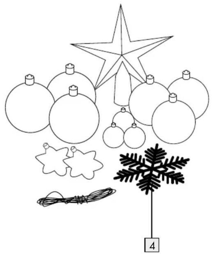 Line drawing of Christmas ornaments including a star, snowflake, and decorative stars (no text or symbols)