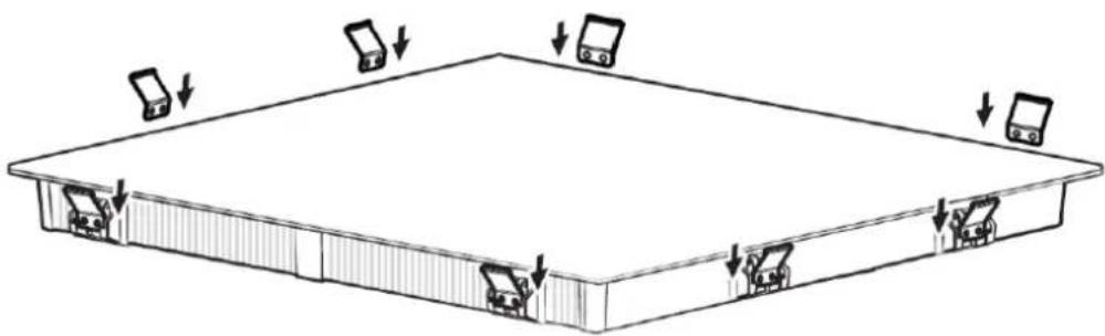 Diagram showing a rectangular storage or storage unit with multiple hanging devices and directional arrows indicating movement or flow.