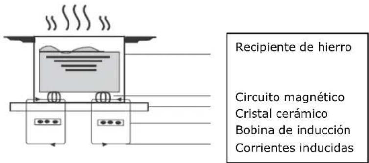 Recipiente de hierro Circuito magnético Cristal cerámico Bobina de inducción Corrientes inducidas