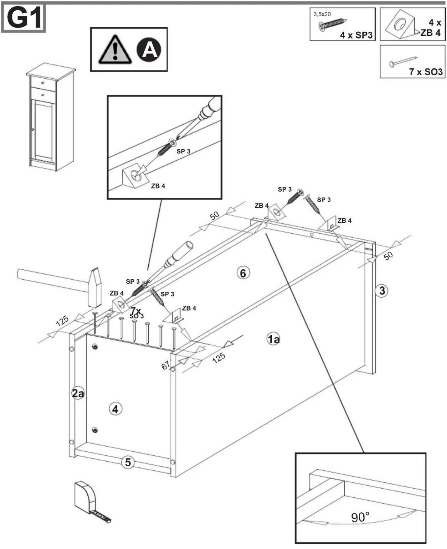 G1 3.5x20 4 x SP3 4 x ZB 4 7 x SO3 SP 3 ZB 4 50 SP 3 SP 3 ZB 4 50 6 ZB 4 SP 3 ZB 4 7 x SO3 125 125 67 125 1a 2a 4 5 90°