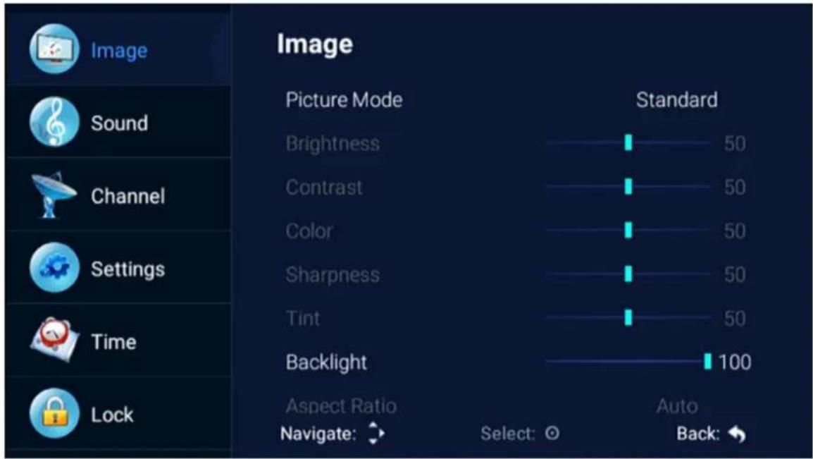 Image Picture Mode Standard Brightness 50 Contrast 50 Color 50 Sharpness 50 Tint 50 Backlight 100 Aspect Ratio Auto Navigate: Select: Back: