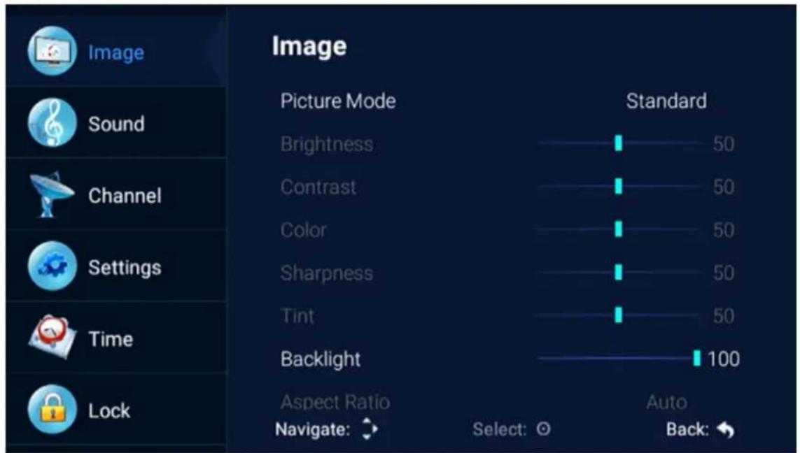 Image Picture Mode Standard Brightness 50 Contrast 50 Color 50 Sharpness 50 Tint 50 Backlight 100 Aspect Ratio Navigate: Select: Back: