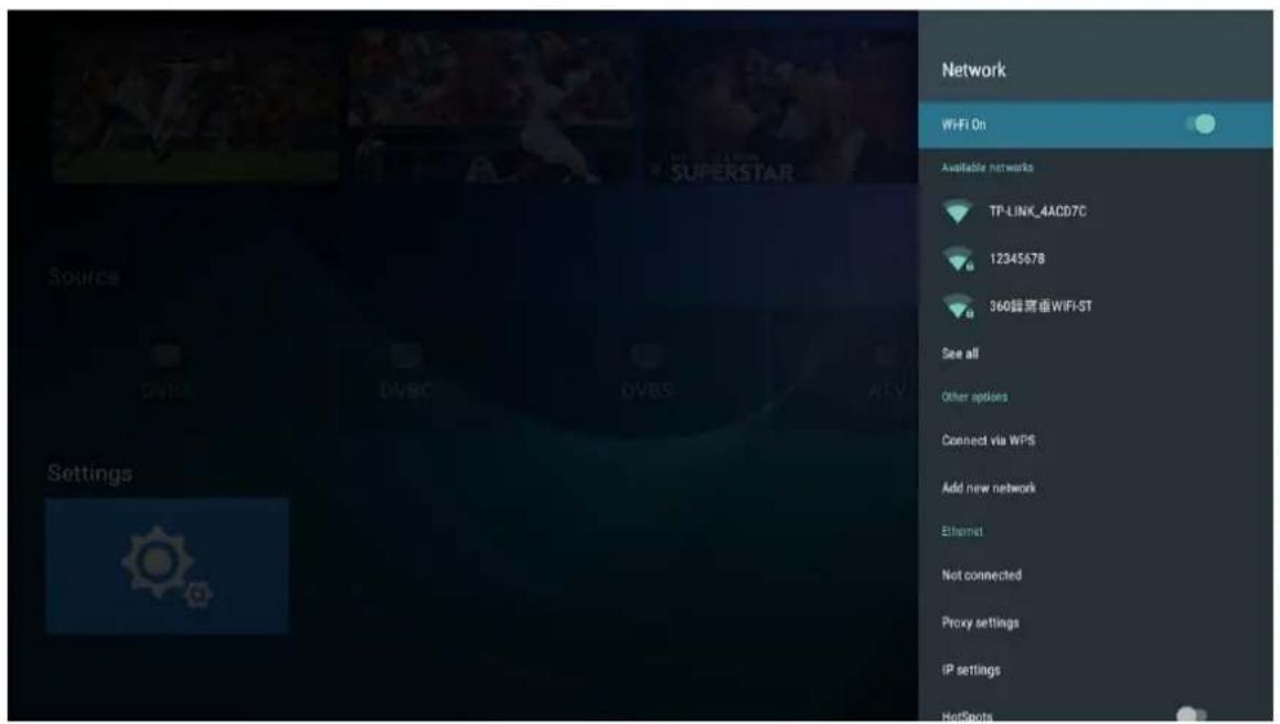 Network WiFi On Available networks TP-LINK_4ACD7C 12345678 360Gbps RF WiFi-ST See all Other options Connect via WPS Add new network Ethernet Not connected Proxy settings IP settings HotSpots