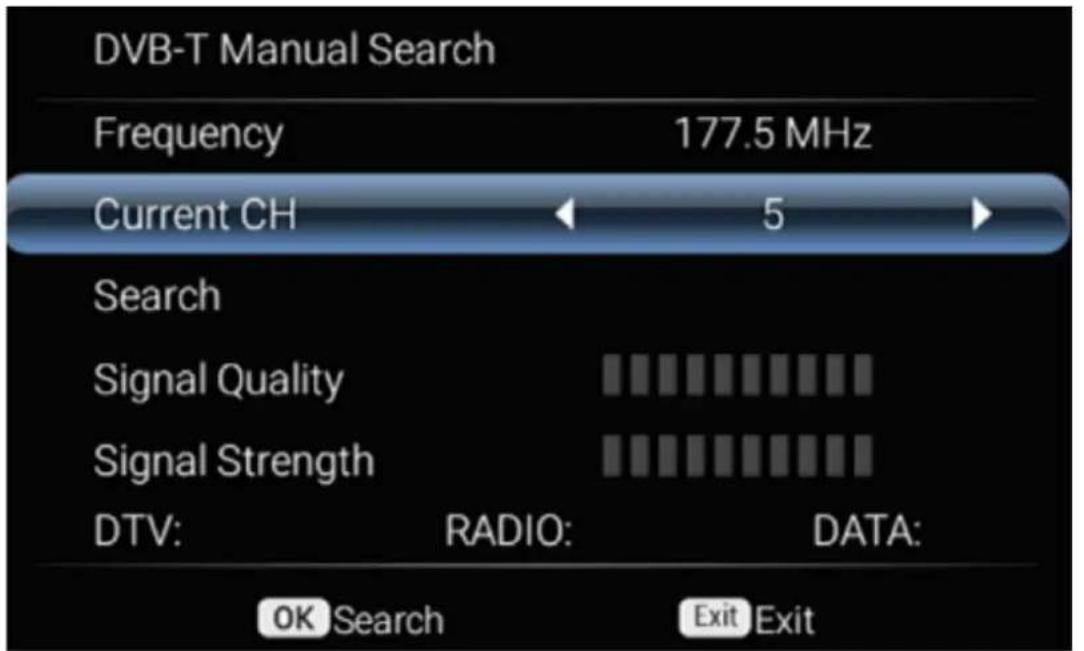 DVB-T Manual Search Frequency 177.5 MHz Current CH 5 Search Signal Quality Signal Strength DTV: RADIO: DATA: OK Search Exit Exit