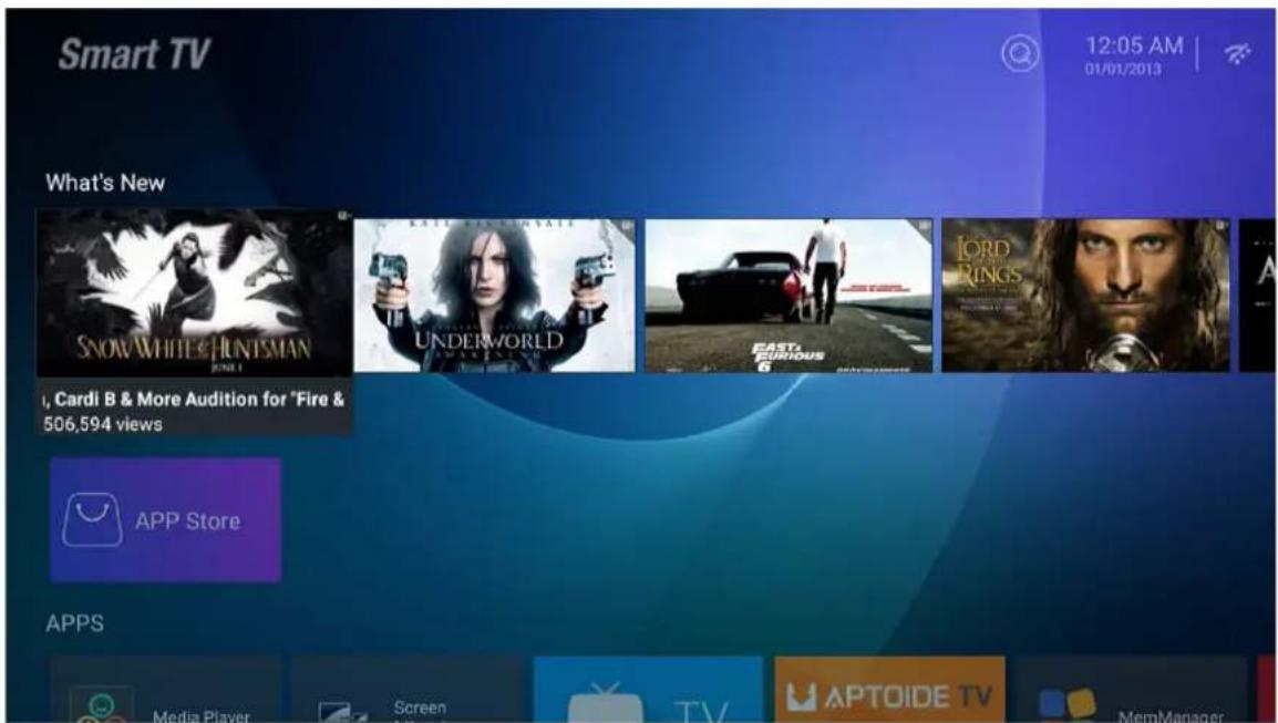 Smart TV 12:05 AM 01/01/2013 What's New i, Cardi B & More Audition for 'Fire & 506,594 views APP Store APPS Media Player Screen TV APTOIDE TV MemManager