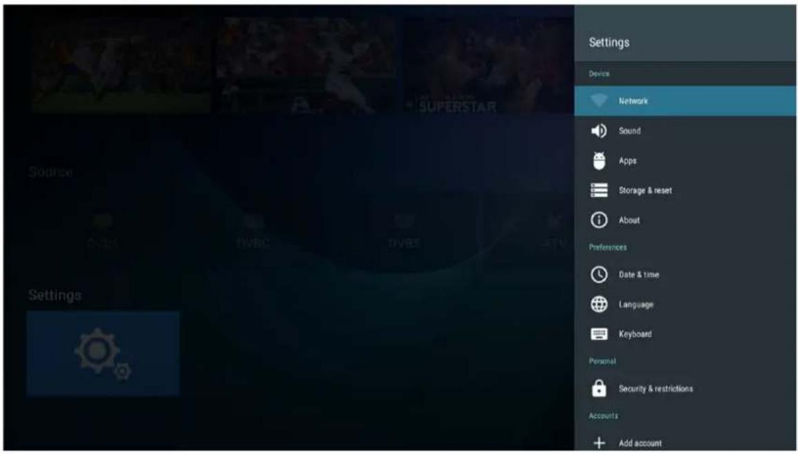 Settings Device Network Sound Apps Storage & reset About Preferences Date & time Language Keyboard Personal Security & restrictions Accounts Add account