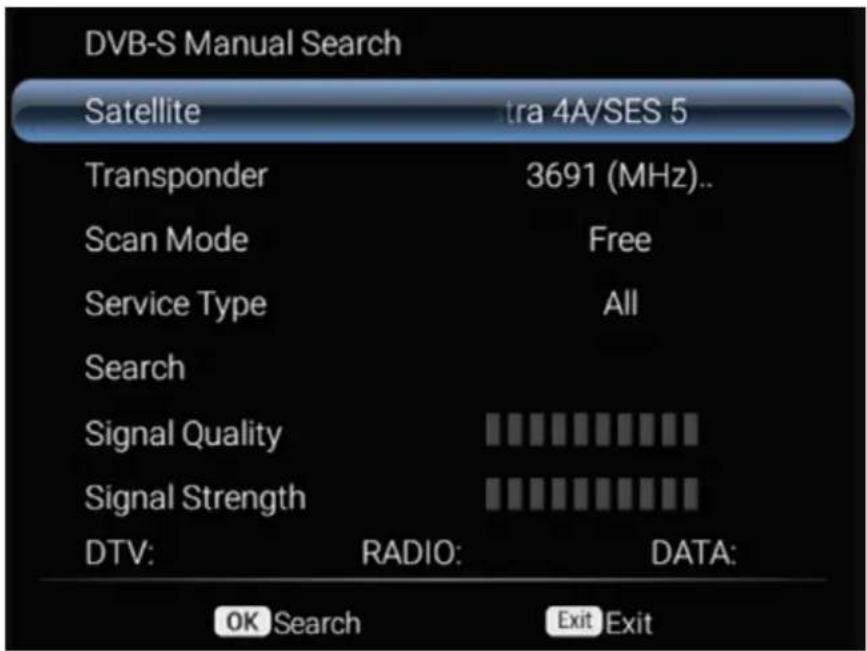 DVB-S Manual Search Satellite extra 4A/SES 5 Transponder 3691 (MHz).. Scan Mode Free Service Type All Search Signal Quality Signal Strength DTV: RADIO: DATA: OK Search Exit Exit