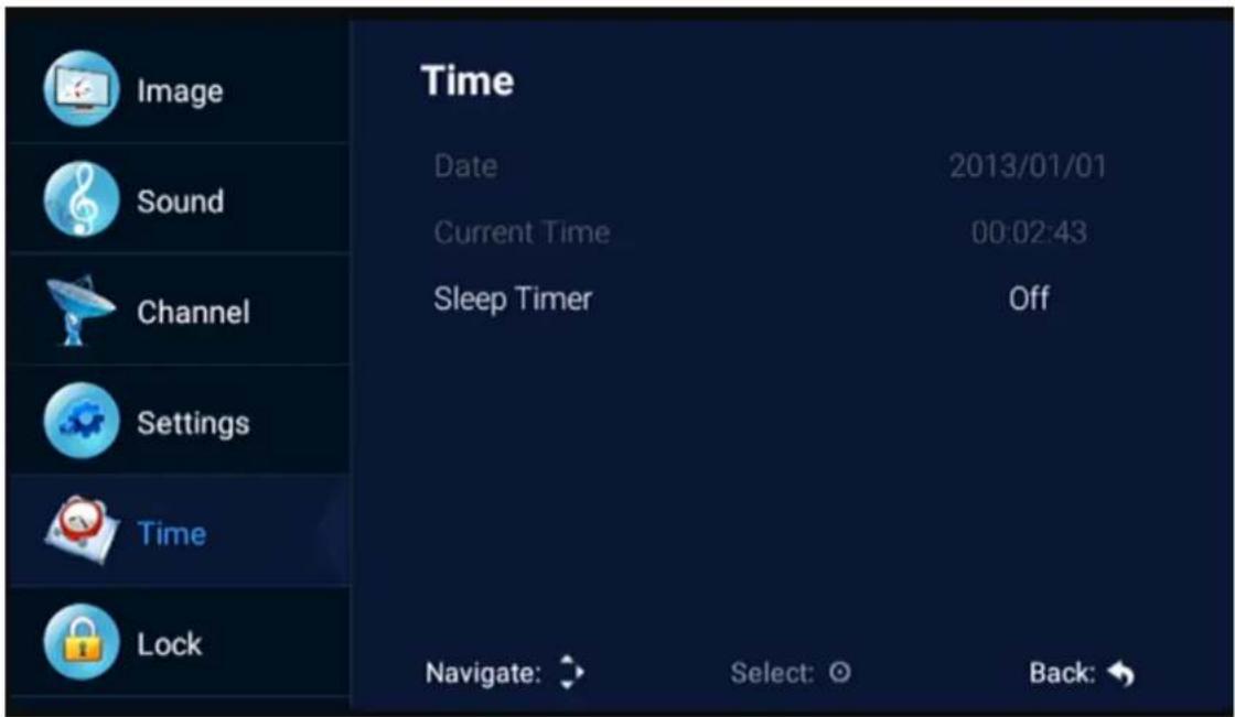 Image Sound Channel Settings Time Lock Time Date 2013/01/01 Current Time 00:02:43 Sleep Timer Off Navigate: Select: Back: