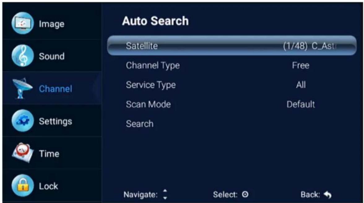 Auto Search Satellite (1/48) C_Ast Channel Type Free Service Type All Scan Mode Default Search Navigate: Select: Back: