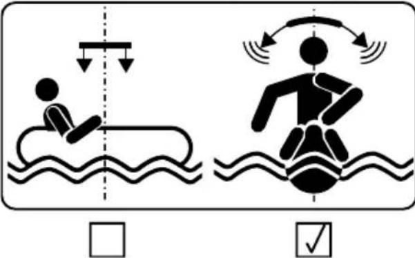 Diagram illustrating two water safety scenarios: one with a person on a raft and the other with a person riding a boat, both marked with checkmarks.