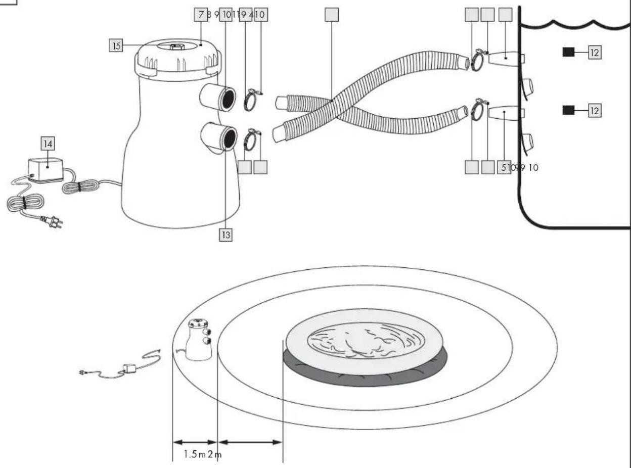 Technical diagram of a portable air conditioner unit with numbered components and dimensional annotations