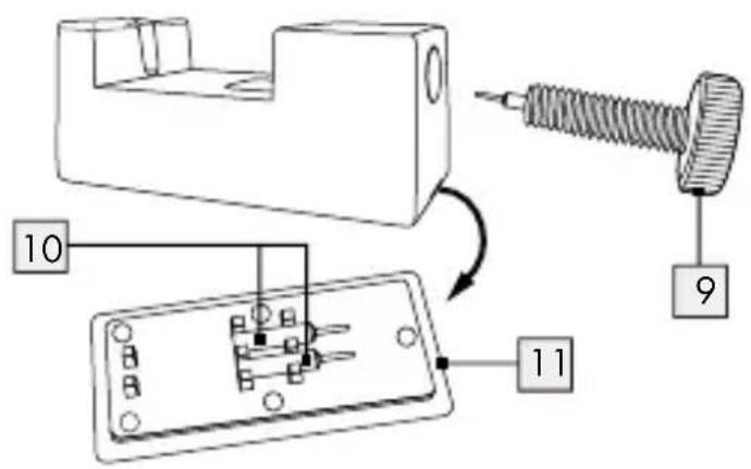 Technical diagram showing assembly steps of a mechanical component with numbered parts and directional arrows indicating motion.