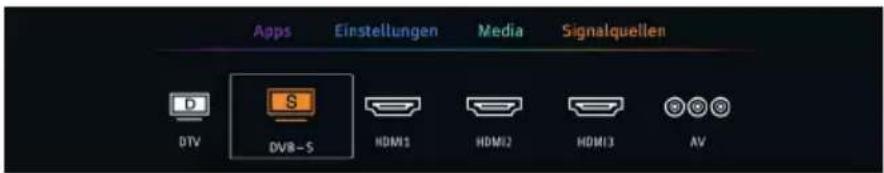 Apps Einstellungen Media Signalquellen DTV DVB-S HDMI1 HDMI2 HDMI3 AV