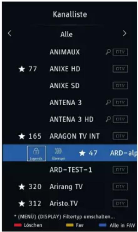 Kanalliste Alle ANIMAUX 77 ANIXE HD ANIXE SD ANTENA 3 ANTENA 3 HD 165 ARAGON TV INT 47 ARD-alp ARD-TEST-1 320 Arirang TV 312 Aristo.TV * (MENU) (DISPLAY) Filtertyp umschalten... Löschen Fav Alle in FAV
