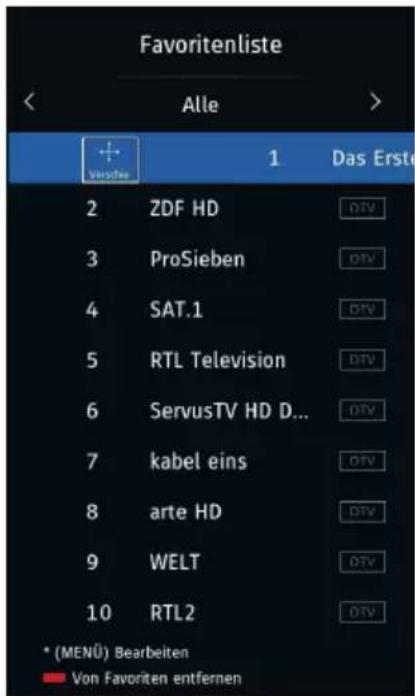 Favoritenliste Alle > Vorsche 1 Das Erste 2 ZDF HD OTV 3 ProSieben OTV 4 SAT.1 OTV 5 RTL Television OTV 6 ServusTV HD D... OTV 7 kabel eins OTV 8 arte HD OTV 9 WELT OTV 10 RTL2 OTV * (MENÜ) Bearbeiten ■ Von Favoriten entfernen