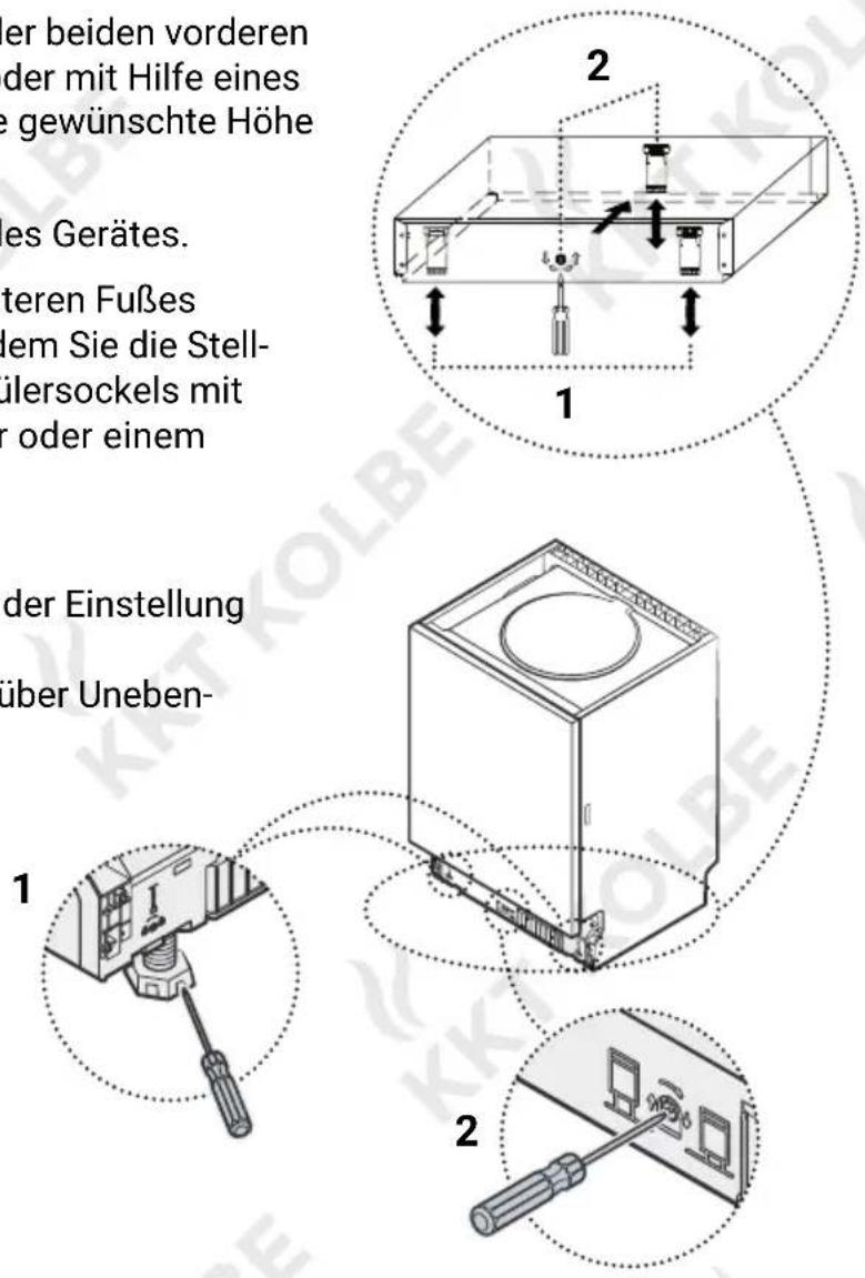 er beiden vorderen der mit Hilfe eines gewünschte Höhe es Gerätes. teren Fußes lem Sie die Stell- ilersockels mit oder einem der Einstellung über Uneben-