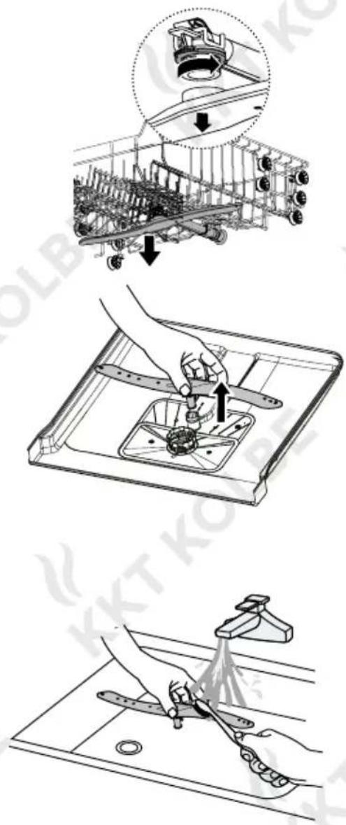 Technical diagram illustrating three-step assembly process: disassembly, cleaning, and cleaning of a mechanical component.