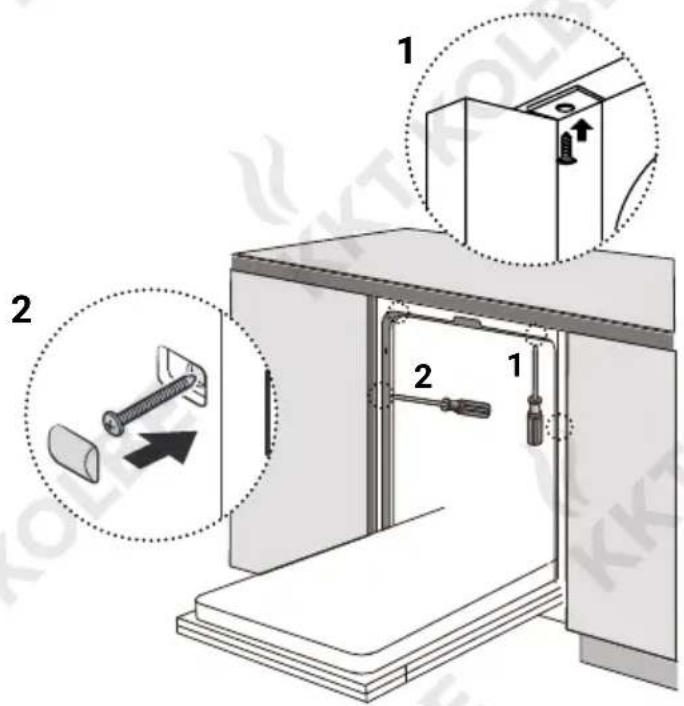 Technical diagram showing a mechanical assembly with labeled components and two circular annotations indicating parts of the main device.