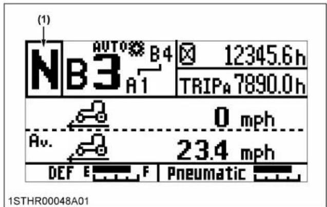 (1) N B3 AUTO B4 12345.6h A1 TRIPa 7890.0h Av. 0 mph 23.4 mph DEF E F Pneumatic 1STHR00048A01