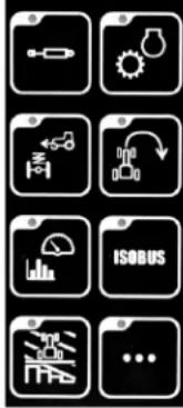 Grid of nine black-and-white icons representing various electronic devices and systems, including battery, gear, circuit, battery, switch, ISOBUS, and power plug.