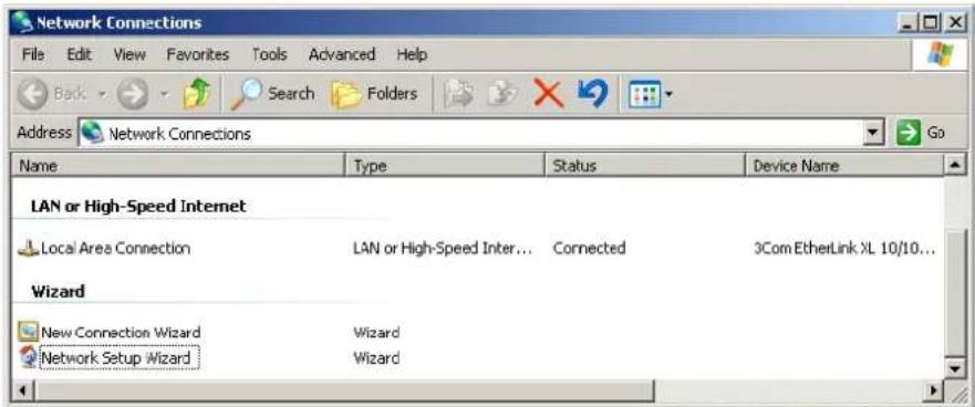 Network Connections File Edit View Favorites Tools Advanced Help Back Search Folders Address Network Connections Name Type Status Device Name LAN or High-Speed Internet Local Area Connection LAN or High-Speed Inter... Connected 3Com EtherLink XL 10/10... Wizard New Connection Wizard Wizard Network Setup Wizard Wizard