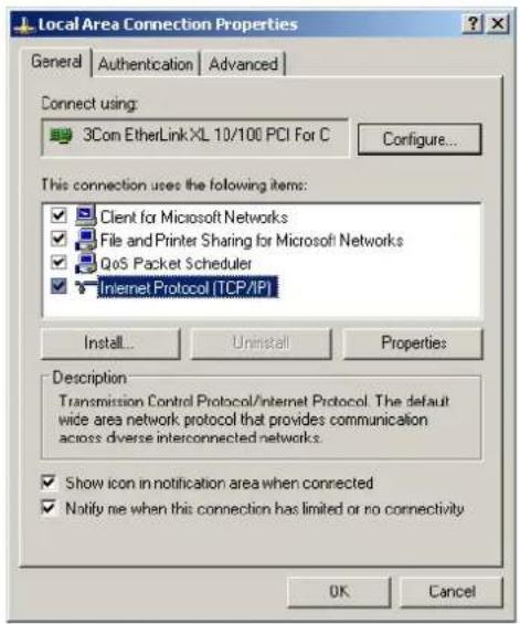 Local Area Connection Properties General | Authentication | Advanced | Connect using: 3Com EtherLink XL 10/100 PCI For C Configure... This connection uses the following items: ✓ Client for Microsoft Networks ✓ File and Printer Sharing for Microsoft Networks ✓ QoS Packet Scheduler ✓ Internet Protocol [TCP/IP] Install... Uninstall Properties Description Transmission Control Protocol/Internet Protocol. The default wide area network protocol that provides communication across diverse interconnected networks. ✓ Show icon in notification area when connected ✓ Notify me when this connection has limited or no connectivity OK Cancel
