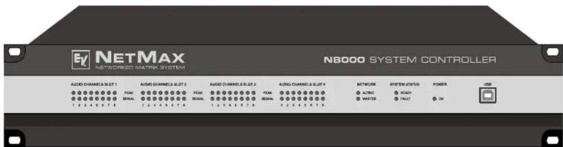EV NETMAX NETWORKED MATRIX SYSTEM N8000 SYSTEM CONTROLLER AUDIO CHANNELS SLOT 1 PEAK Signal 1 2 3 4 5 6 7 8 AUDIO CHANNELS SLOT 2 PEAK Signal 1 2 3 4 5 6 7 8 AUDIO CHANNELS SLOT 3 PEAK Signal 1 2 3 4 5 6 7 8 AUDIO CHANNELS SLOT 4 NETWORK ACTIVE MASTER SYSTEM STATUS READY FAULT POWER ON USB