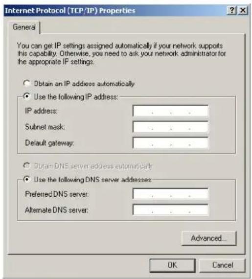 Internet Protocol (TCP/IP) Properties General You can get IP settings assigned automatically if your network supports this capability. Otherwise, you need to ask your network administrator for the appropriate IP settings. Obtain an IP address automatically Use the following IP address: IP address: .... Subnet mask: .... Default gateway: .... Obtain DNS server address automatically Use the following DNS server addresses: Preferred DNS server: .... Alternate DNS server: .... Advanced... OK Cancel
