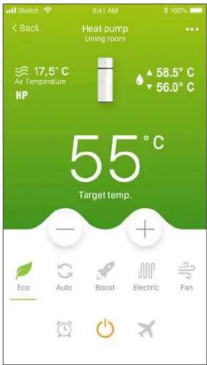Sketch 9:41 AM $ 100% < Back Heat pump Living room 17,5°C Air Temperature HP 58.5°C 56.0°C 55°C Target temp. Eco Auto Boost Electric Fan