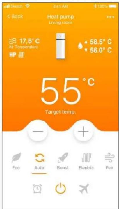 Sketch 9:41 AM 8 100% Back Heat pump Living room 17,5°C Air Temperature HP 58.5°C 56.0°C 55°C Target temp. Eco Auto Boost Electric Fan