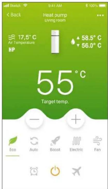 Sketch 9:41 AM $ 100% < Back Heat pump Living room 17,5°C Air Temperature HP 58.5°C 56.0°C 55°C Target temp. Eco Auto Boost Electric Fan