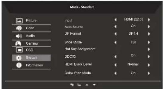 Mode - Standard Picture Color Audio Gaming OSD System Information Input Auto Source DP Format Wide Mode Hot Key Assignment DOC/CI HDMI Black Level Quick Start Mode HDMI 2(2.0) On DP1.4 Full On Normal On