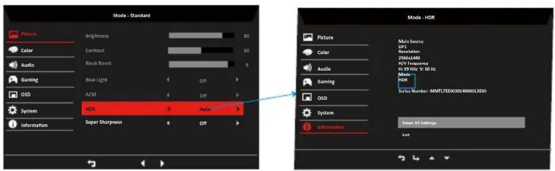 Mode - Standard Picture Brightness BD Color Contrast SD Audio Black Boost 5 Gaming Blue Light Off ACM Off OSD System HDR Auto Information Super Sharpness Off Mode - HDR Picture Main Source DP1 Resolution 2560x1440 H/V frequency Hi: 89kHz V: 60 Hz Mode HDR Series Number :MMLT7E0X30040000L3E02 Information Reset All Settings Exit