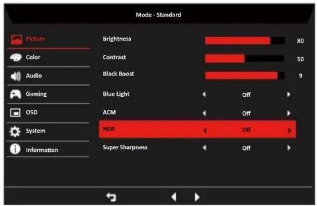Mode - Standard Picture Color Audio Gaming OSD System Information Brightness BD Contrast 50 Black Boost 9 Blue Light Off ACM Off HDR Off Super Sharpness Off
