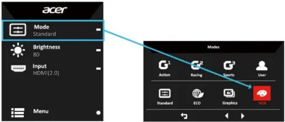 acer Mode Standard Brightness 80 Input HDMI(2.0) Menu Modes G¹ Action G² Racing G³ Sports User Standard ECO Graphics HDR