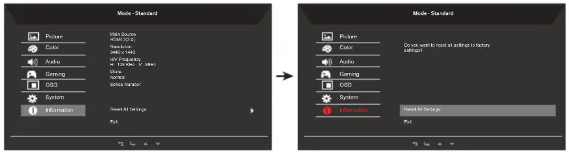 Mode - Standard Picture Color Audio Gaming OSD System Information Main Source HDMI (2.8) Revelation 3440 x 1440 HV Frequency H. 126 kHz V. 85Hz Mode Normal Series Number Reset AI Settings Exit Mode - Standard Picture Color Audio Gaming OSD System Information Reset AI Settings Exit